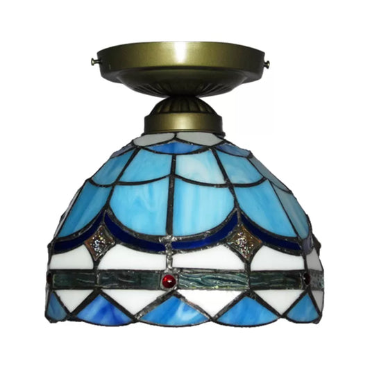 Blue Ceiling Light for Bedroom, Tiffany Semi Flush Light with Art Glass Half Globe Shade, 7.5" High x 8" in Diameter Clearhalo 'Ceiling Lights' 'Close To Ceiling Lights' 'Close to ceiling' 'Glass shade' 'Glass' 'Semi-flushmount' 'Tiffany close to ceiling' 'Tiffany' Lighting' 85293