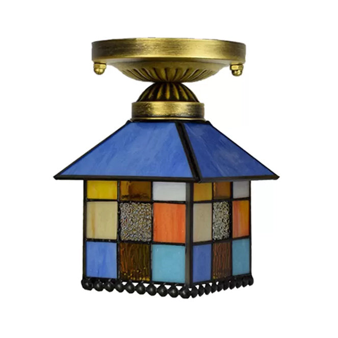 Stained Glass Ceiling Light Fixture Flush Mount, House Shaped Semi Flush Mount Light in Antique Brass Tiffany Style, H11" x D6" Clearhalo 'Ceiling Lights' 'Close To Ceiling Lights' 'Close to ceiling' 'Glass shade' 'Glass' 'Pendant Lights' 'Semi-flushmount' 'Tiffany close to ceiling' 'Tiffany' Lighting' 85301