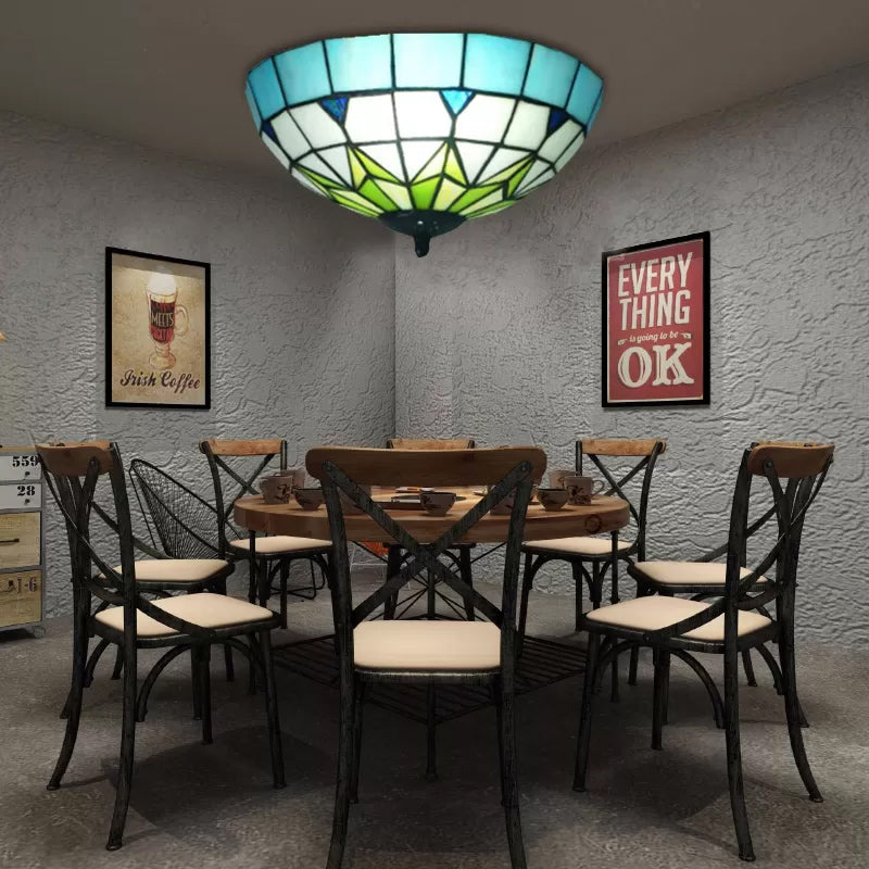 Stained Glass Ceiling Lighting, Mini Domed Flush Mount Light Fixture in Bronze with Jewel for Bedroom Tiffany Style, H6" x D10" Blue Clearhalo 'Ceiling Lights' 'Close To Ceiling Lights' 'Close to ceiling' 'Flush mount' Lighting' 85312