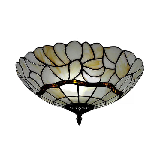 Bedroom Ceiling Lights Tiffany, 2-Lights Flush Mount Light Fixture in White with Art Glass Dome Shade, 8" High x 16" in Diameter Clearhalo 'Ceiling Lights' 'Close To Ceiling Lights' 'Close to ceiling' 'Glass shade' 'Glass' 'Semi-flushmount' 'Tiffany close to ceiling' 'Tiffany' Lighting' 85349
