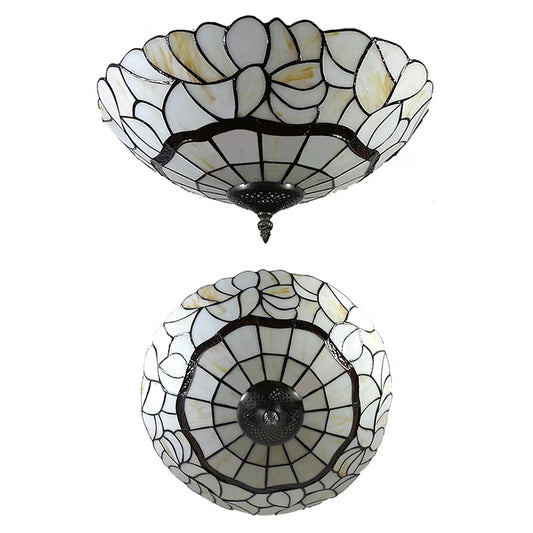 Bedroom Ceiling Lights Tiffany, 2-Lights Flush Mount Light Fixture in White with Art Glass Dome Shade, 8" High x 16" in Diameter Clearhalo 'Ceiling Lights' 'Close To Ceiling Lights' 'Close to ceiling' 'Glass shade' 'Glass' 'Semi-flushmount' 'Tiffany close to ceiling' 'Tiffany' Lighting' 85350