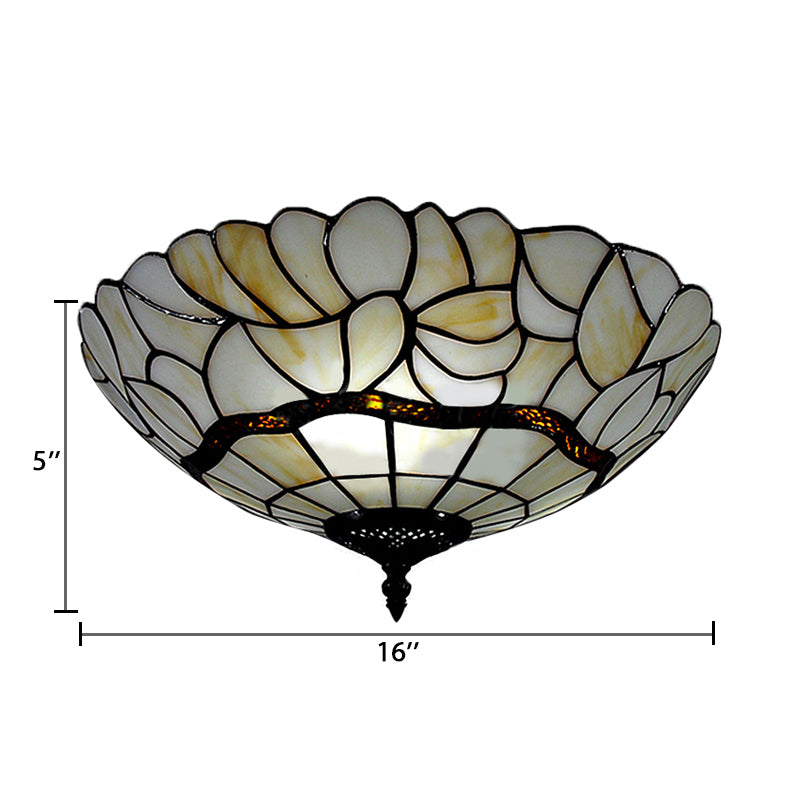 Bedroom Ceiling Lights Tiffany, 2-Lights Flush Mount Light Fixture in White with Art Glass Dome Shade, 8" High x 16" in Diameter Clearhalo 'Ceiling Lights' 'Close To Ceiling Lights' 'Close to ceiling' 'Glass shade' 'Glass' 'Semi-flushmount' 'Tiffany close to ceiling' 'Tiffany' Lighting' 85351