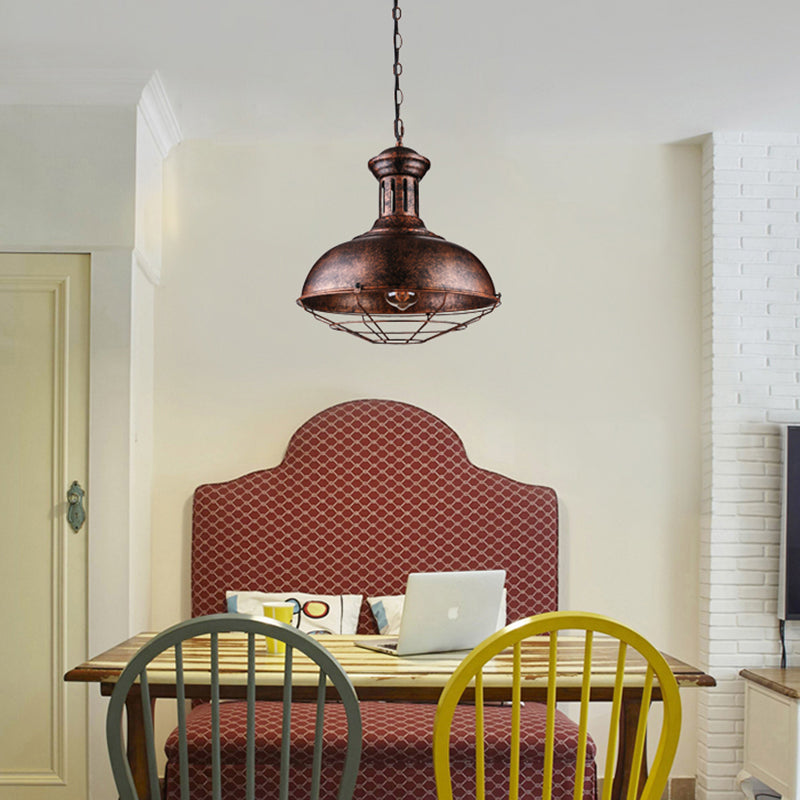 1 Head Bowl Ceiling Fixture Warehouse Rust Finish Iron Hanging Ceiling Light with Wire Frame over Table Rust Clearhalo 'Art Deco Pendants' 'Cast Iron' 'Ceiling Lights' 'Ceramic' 'Crystal' 'Industrial Pendants' 'Industrial' 'Metal' 'Middle Century Pendants' 'Pendant Lights' 'Pendants' 'Tiffany' Lighting' 85362