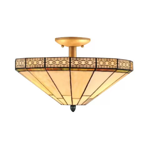 Bedroom Ceiling Light Glass, 2 Lights Flared Semi Flush Light in Beige Mission Style, 12" High x 16" in Diameter Clearhalo 'Ceiling Lights' 'Close To Ceiling Lights' 'Close to ceiling' 'Glass shade' 'Glass' 'Semi-flushmount' 'Tiffany close to ceiling' 'Tiffany' Lighting' 85399