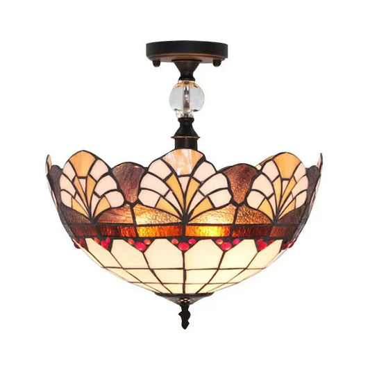 Stained Glass Ceiling Light for Bedroom, Tiffany Upward Semi Flush Mount Lighting with Clear Crystal Ball Decoration Clearhalo 'Ceiling Lights' 'Close To Ceiling Lights' 'Close to ceiling' 'Glass shade' 'Glass' 'Semi-flushmount' 'Tiffany close to ceiling' 'Tiffany' Lighting' 85406