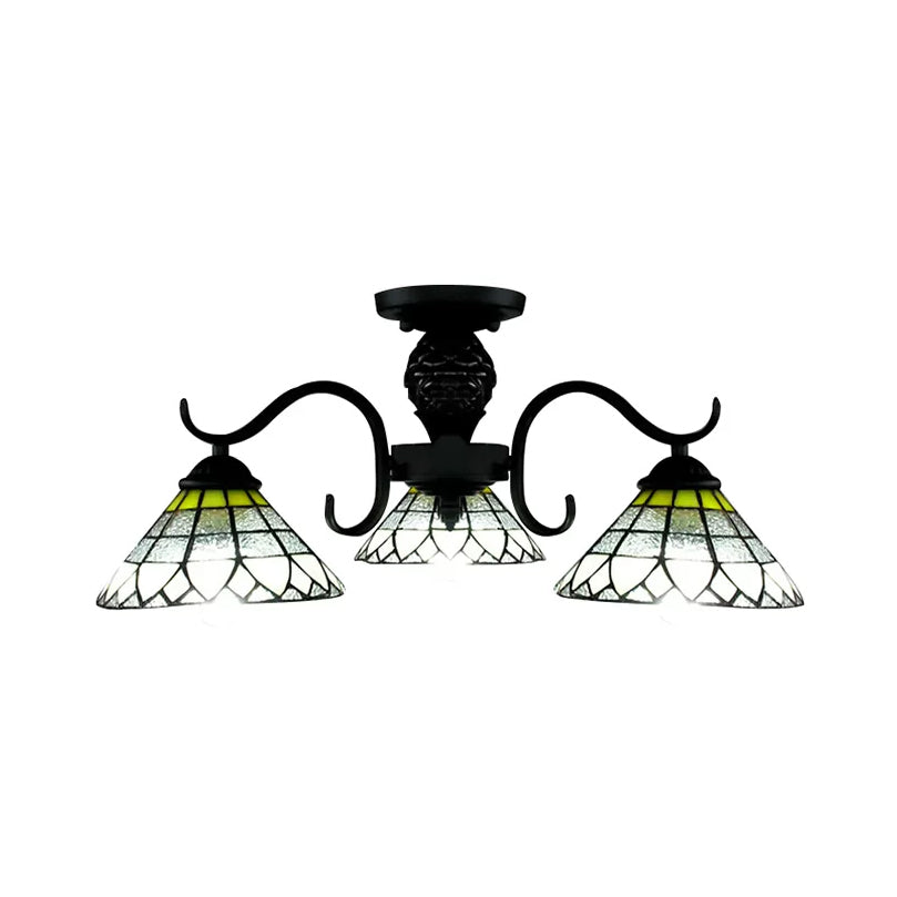 Stained Glass Ceiling Light Flush Mount, 3 Lights Cone Semi Flush Light in Black for Bedroom Tiffany Style Clearhalo 'Ceiling Lights' 'Close To Ceiling Lights' 'Close to ceiling' 'Glass shade' 'Glass' 'Semi-flushmount' 'Tiffany close to ceiling' 'Tiffany' Lighting' 85416