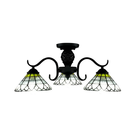 Stained Glass Ceiling Light Flush Mount, 3 Lights Cone Semi Flush Light in Black for Bedroom Tiffany Style Clearhalo 'Ceiling Lights' 'Close To Ceiling Lights' 'Close to ceiling' 'Glass shade' 'Glass' 'Semi-flushmount' 'Tiffany close to ceiling' 'Tiffany' Lighting' 85416