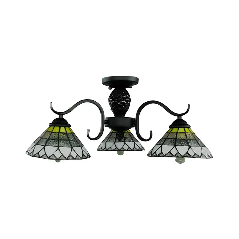 Stained Glass Ceiling Light Flush Mount, 3 Lights Cone Semi Flush Light in Black for Bedroom Tiffany Style Clearhalo 'Ceiling Lights' 'Close To Ceiling Lights' 'Close to ceiling' 'Glass shade' 'Glass' 'Semi-flushmount' 'Tiffany close to ceiling' 'Tiffany' Lighting' 85417