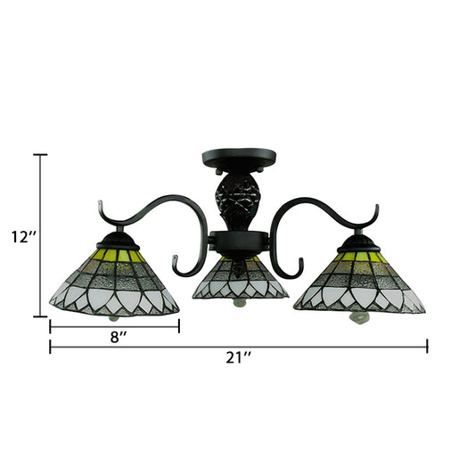 Stained Glass Ceiling Light Flush Mount, 3 Lights Cone Semi Flush Light in Black for Bedroom Tiffany Style Clearhalo 'Ceiling Lights' 'Close To Ceiling Lights' 'Close to ceiling' 'Glass shade' 'Glass' 'Semi-flushmount' 'Tiffany close to ceiling' 'Tiffany' Lighting' 85418