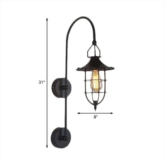 Metal Caged Wall Sconce Traditional 1 Light Living Room Lighting Fixture in Black Clearhalo 'Art deco wall lights' 'Cast Iron' 'Glass' 'Industrial wall lights' 'Industrial' 'Middle century wall lights' 'Modern' 'Rustic wall lights' 'Tiffany' 'Traditional wall lights' 'Wall Lamps & Sconces' 'Wall Lights' Lighting' 85447