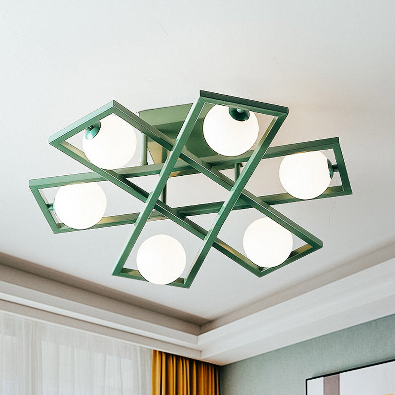 Rectangular Iron Semi Flush Light Macaron 3/4/6-Head Green Ceiling Mount Lamp with Globe White Glass Shade Clearhalo 'Ceiling Lights' 'Close To Ceiling Lights' 'Close to ceiling' 'Semi-flushmount' Lighting' 858979