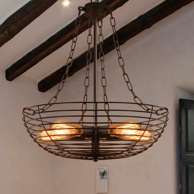 Bowl Farmhouse Chandelier Lighting with Wire Guard Antique Style Iron 5-Light Dark Rust Hanging Light Fixture Clearhalo 'Cast Iron' 'Ceiling Lights' 'Chandeliers' 'Industrial Chandeliers' 'Industrial' 'Metal' 'Middle Century Chandeliers' 'Rustic Chandeliers' 'Tiffany' Lighting' 86048