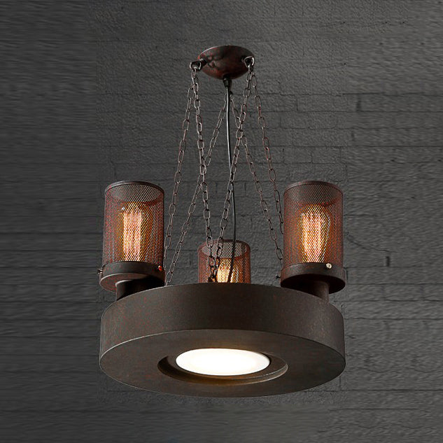 Farmhouse Style Cylindrical Hanging Chandelier Light with Mesh Shade 3 Bulbs Iron Ceiling Fixture in Rust Rust Clearhalo 'Cast Iron' 'Ceiling Lights' 'Chandeliers' 'Industrial Chandeliers' 'Industrial' 'Metal' 'Middle Century Chandeliers' 'Rustic Chandeliers' 'Tiffany' Lighting' 86068