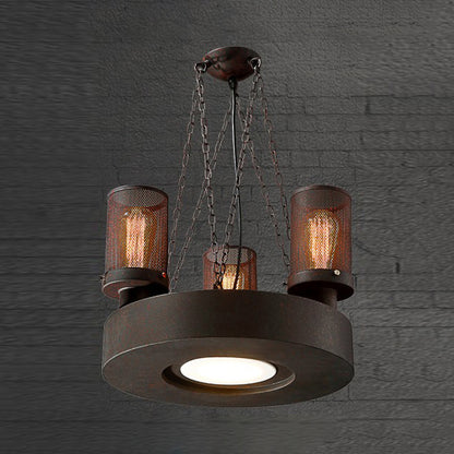 Farmhouse Style Cylindrical Hanging Chandelier Light with Mesh Shade 3 Bulbs Iron Ceiling Fixture in Rust Rust Clearhalo 'Cast Iron' 'Ceiling Lights' 'Chandeliers' 'Industrial Chandeliers' 'Industrial' 'Metal' 'Middle Century Chandeliers' 'Rustic Chandeliers' 'Tiffany' Lighting' 86068