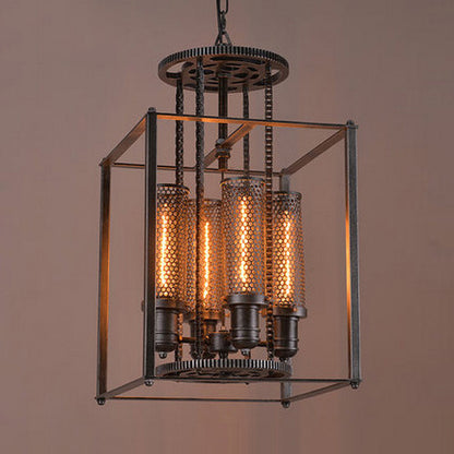 Rectangle Cage Metal Pendant Light with Inner Cylindrical Shade Antique Style 4 Lights Indoor Chandelier Lamp in Black Black Clearhalo 'Cast Iron' 'Ceiling Lights' 'Chandeliers' 'Industrial Chandeliers' 'Industrial' 'Metal' 'Middle Century Chandeliers' 'Rustic Chandeliers' 'Tiffany' Lighting' 86076