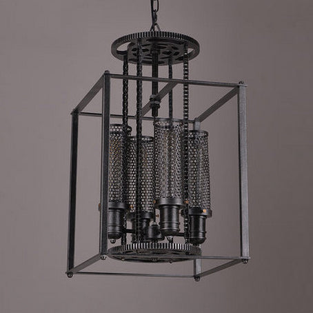 Rectangle Cage Metal Pendant Light with Inner Cylindrical Shade Antique Style 4 Lights Indoor Chandelier Lamp in Black Clearhalo 'Cast Iron' 'Ceiling Lights' 'Chandeliers' 'Industrial Chandeliers' 'Industrial' 'Metal' 'Middle Century Chandeliers' 'Rustic Chandeliers' 'Tiffany' Lighting' 86077