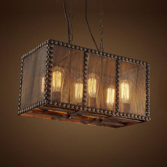 Rectangle Cage Metal Chandelier Lighting with Mesh Screen and Rivets Antique Style 6-Light Indoor Ceiling Light Fixture in Rust Rust Clearhalo 'Cast Iron' 'Ceiling Lights' 'Chandeliers' 'Industrial Chandeliers' 'Industrial' 'Metal' 'Middle Century Chandeliers' 'Rustic Chandeliers' 'Tiffany' Lighting' 86085