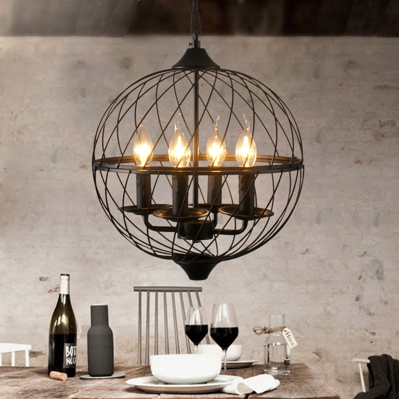 Iron Black Chandelier Lighting Global Mesh Shade 4 Bulbs Industrial Ceiling Light Fixture with Adjustable Chain for Dining Room Clearhalo 'Cast Iron' 'Ceiling Lights' 'Chandeliers' 'Industrial Chandeliers' 'Industrial' 'Metal' 'Middle Century Chandeliers' 'Rustic Chandeliers' 'Tiffany' Lighting' 86094