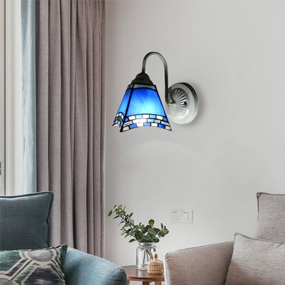 1 Head Living Room Sconce Light Fixture Mediterranean White Wall Lamp with Pyramid Blue Glass Shade Blue Clearhalo 'Industrial' 'Middle century wall lights' 'Tiffany wall lights' 'Tiffany' 'Wall Lamps & Sconces' 'Wall Lights' Lighting' 86131