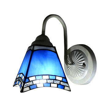 1 Head Living Room Sconce Light Fixture Mediterranean White Wall Lamp with Pyramid Blue Glass Shade Clearhalo 'Industrial' 'Middle century wall lights' 'Tiffany wall lights' 'Tiffany' 'Wall Lamps & Sconces' 'Wall Lights' Lighting' 86132