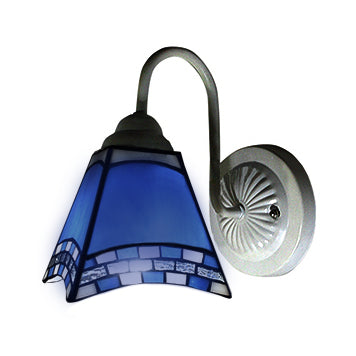 1 Head Living Room Sconce Light Fixture Mediterranean White Wall Lamp with Pyramid Blue Glass Shade Clearhalo 'Industrial' 'Middle century wall lights' 'Tiffany wall lights' 'Tiffany' 'Wall Lamps & Sconces' 'Wall Lights' Lighting' 86133