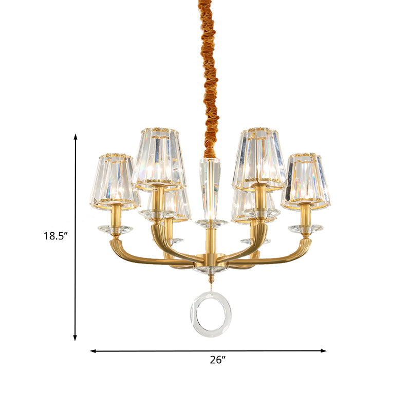 Prismatic Crystal Cone Shade Chandelier Mid-Century 6 Bulbs Parlor Ceiling Pendant Light with Ring Drop in Gold Clearhalo 'Ceiling Lights' 'Chandeliers' Lighting' options 862485