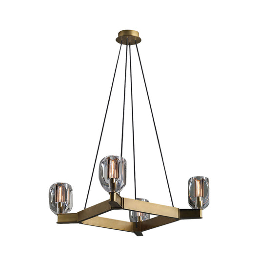 Antiqued Gold 4 Bulbs Hanging Light Postmodern Flower Crystal Square Chandelier Pendant Clearhalo 'Ceiling Lights' 'Chandeliers' 'Modern Chandeliers' 'Modern' Lighting' 862488