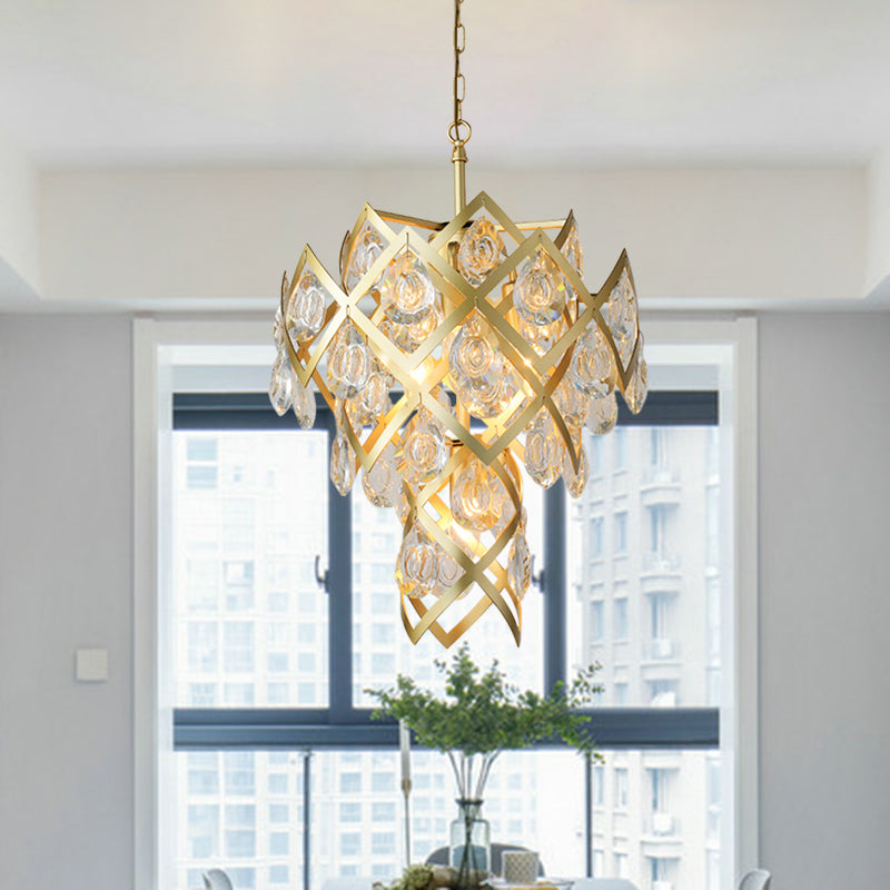 Mid Century Crisscrossed Chandelier 4 Lights Faceted Crystal Drip Pendant Light in Gold Gold Clearhalo 'Ceiling Lights' 'Chandeliers' 'Modern Chandeliers' 'Modern' Lighting' 862498