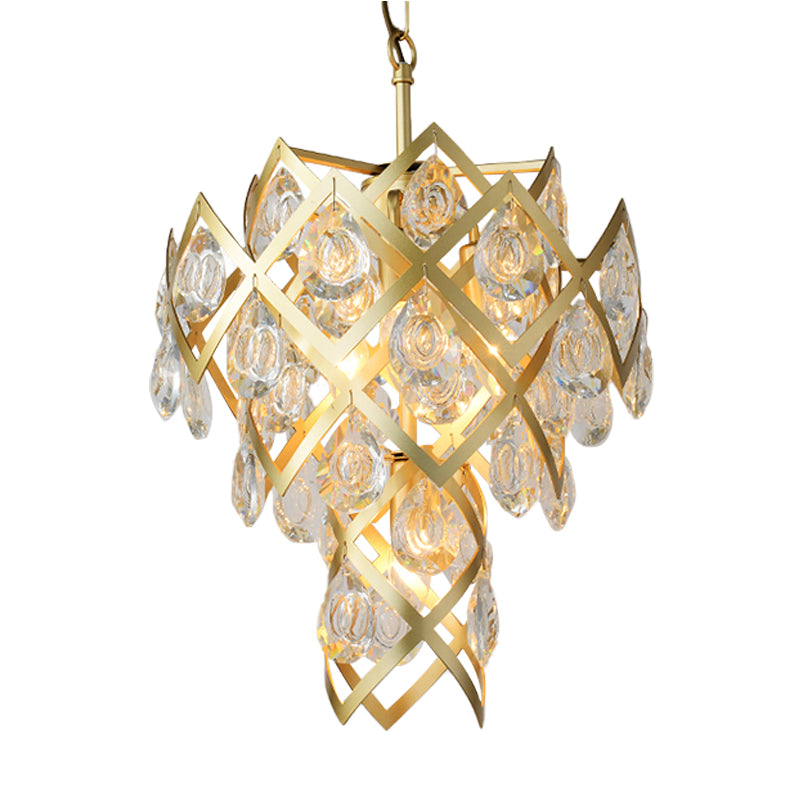 Mid Century Crisscrossed Chandelier 4 Lights Faceted Crystal Drip Pendant Light in Gold Clearhalo 'Ceiling Lights' 'Chandeliers' 'Modern Chandeliers' 'Modern' Lighting' 862499