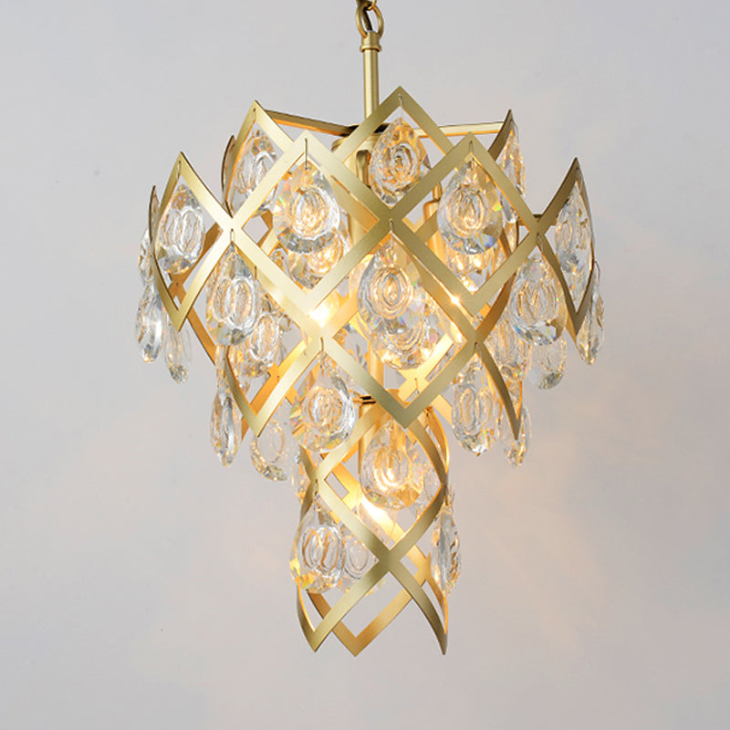 Mid Century Crisscrossed Chandelier 4 Lights Faceted Crystal Drip Pendant Light in Gold Clearhalo 'Ceiling Lights' 'Chandeliers' 'Modern Chandeliers' 'Modern' Lighting' 862500