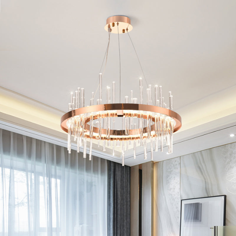 Rose Gold Circle Ceiling Suspension Lamp Modern Crystal Strip Bedroom LED Chandelier Gold Clearhalo 'Ceiling Lights' 'Chandeliers' 'Modern Chandeliers' 'Modern' Lighting' 862506