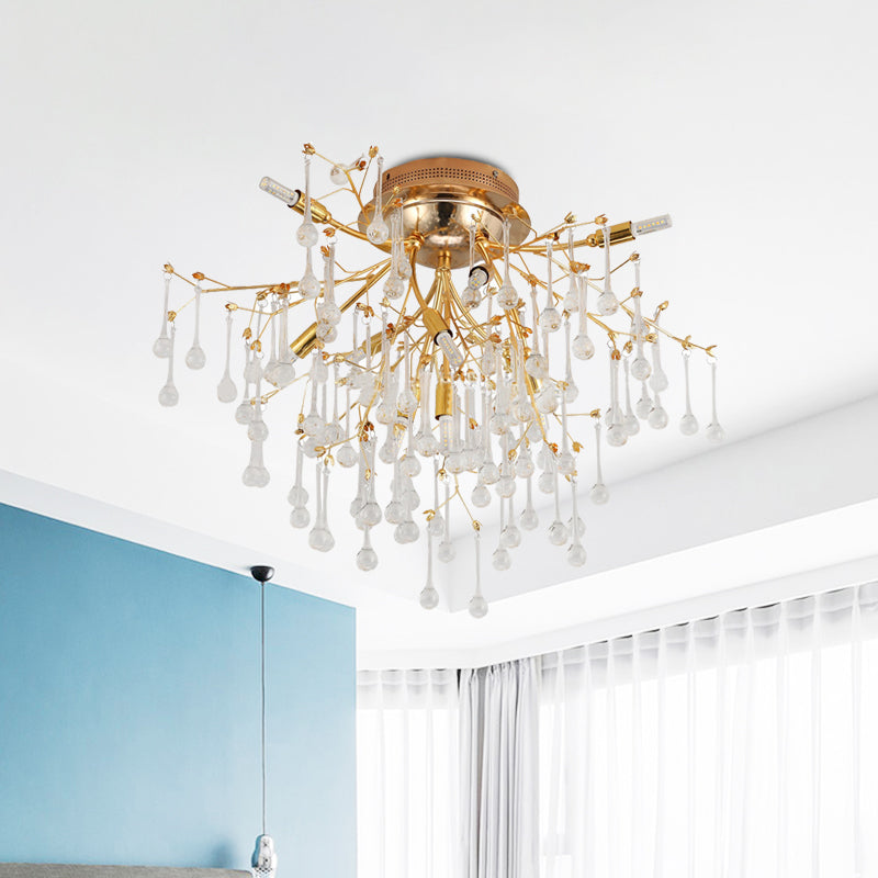 Cascade Bedroom Semi Flush Light Traditional Crystal Drip 10-Head Gold Ceiling Mount Lamp Gold Clearhalo 'Ceiling Lights' 'Close To Ceiling Lights' 'Close to ceiling' 'Semi-flushmount' Lighting' 862530