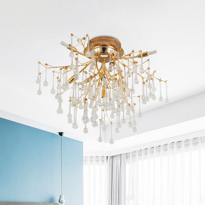 Cascade Bedroom Semi Flush Light Traditional Crystal Drip 10-Head Gold Ceiling Mount Lamp Gold Clearhalo 'Ceiling Lights' 'Close To Ceiling Lights' 'Close to ceiling' 'Semi-flushmount' Lighting' 862530