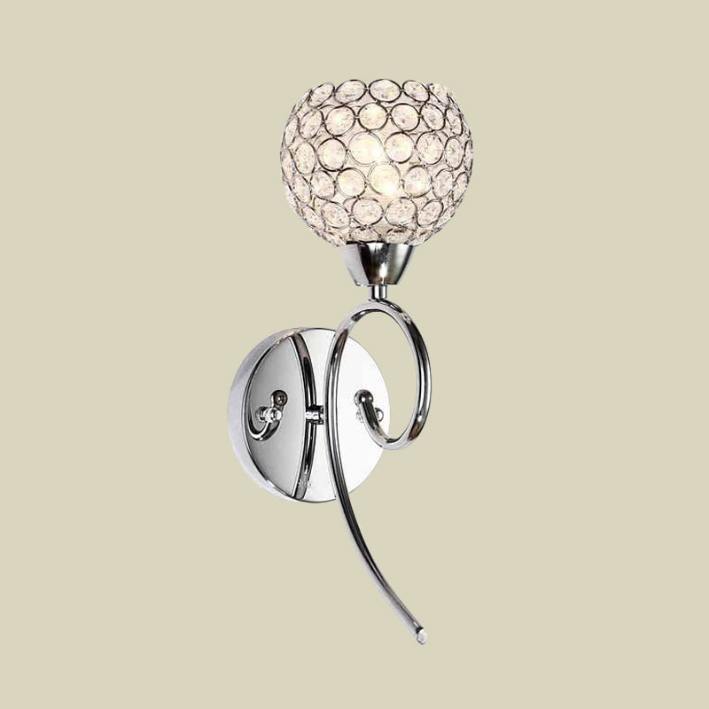Hemisphere Crystal Wall Lamp Modern Stylish 1 Head Corner Sconce Light with Scroll Arm in Chrome Clearhalo 'Modern wall lights' 'Modern' 'Wall Lamps & Sconces' 'Wall Lights' Lighting' 862564