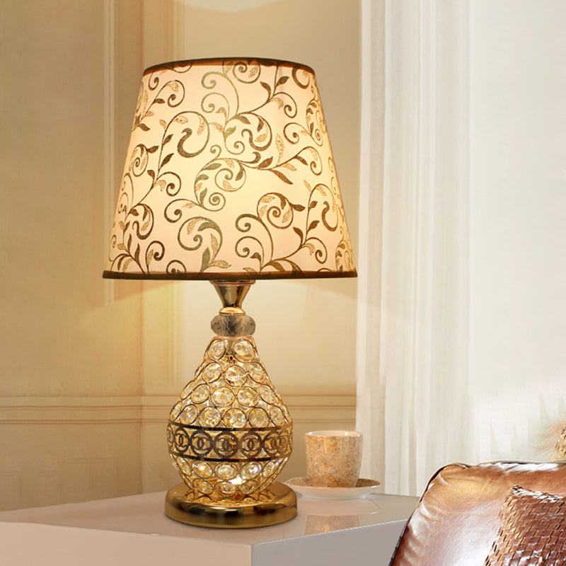 1-Light Swirl Pattern Fabric Table Lamp Retro Gold Cone Bedside Nightstand Light with Vase Crystal Pedestal Gold Clearhalo 'Lamps' 'Table Lamps' Lighting' 862626