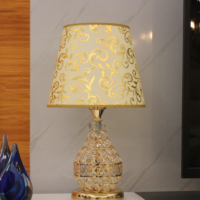1-Light Swirl Pattern Fabric Table Lamp Retro Gold Cone Bedside Nightstand Light with Vase Crystal Pedestal Clearhalo 'Lamps' 'Table Lamps' Lighting' 862627