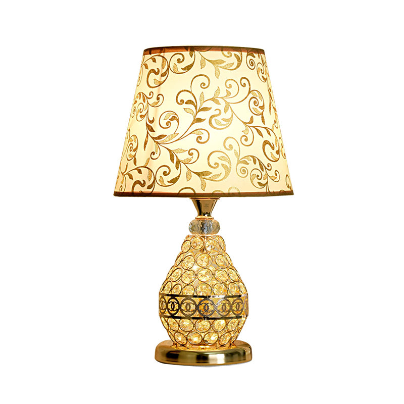 1-Light Swirl Pattern Fabric Table Lamp Retro Gold Cone Bedside Nightstand Light with Vase Crystal Pedestal Clearhalo 'Lamps' 'Table Lamps' Lighting' 862628