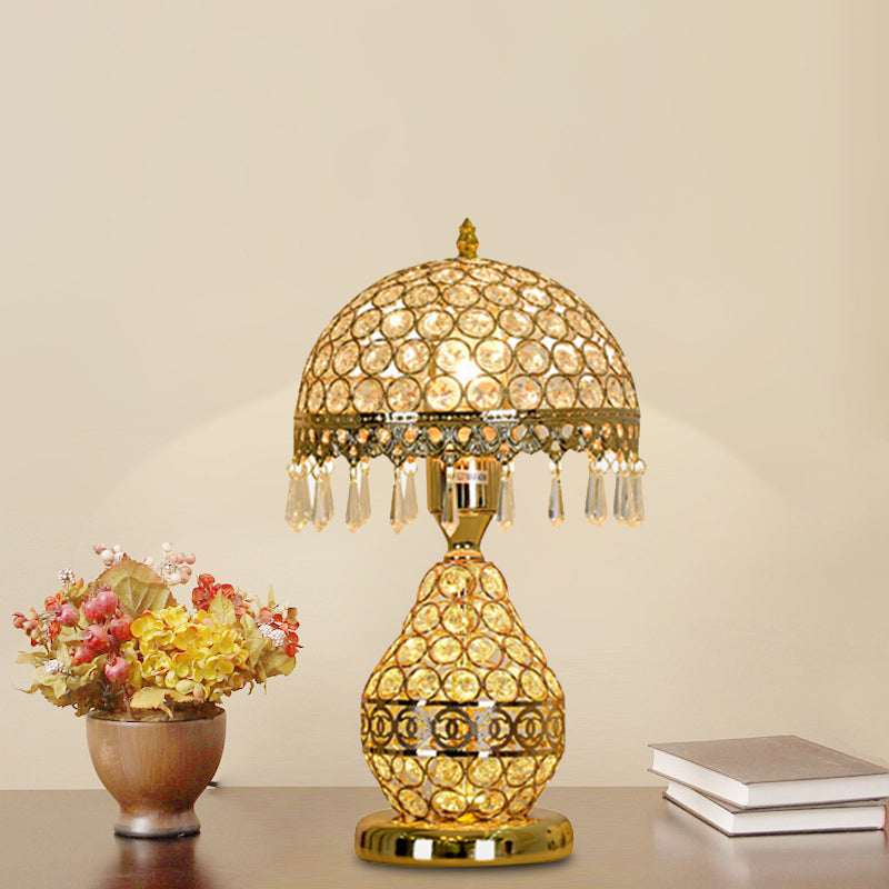 Gold Single-Bulb Table Lighting Vintage Crystal Embedded Dome Shade Night Light with Fringe and Urn Base Gold Clearhalo 'Lamps' 'Table Lamps' Lighting' 862630