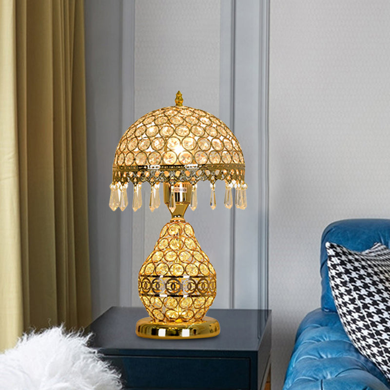 Gold Single-Bulb Table Lighting Vintage Crystal Embedded Dome Shade Night Light with Fringe and Urn Base Clearhalo 'Lamps' 'Table Lamps' Lighting' 862631