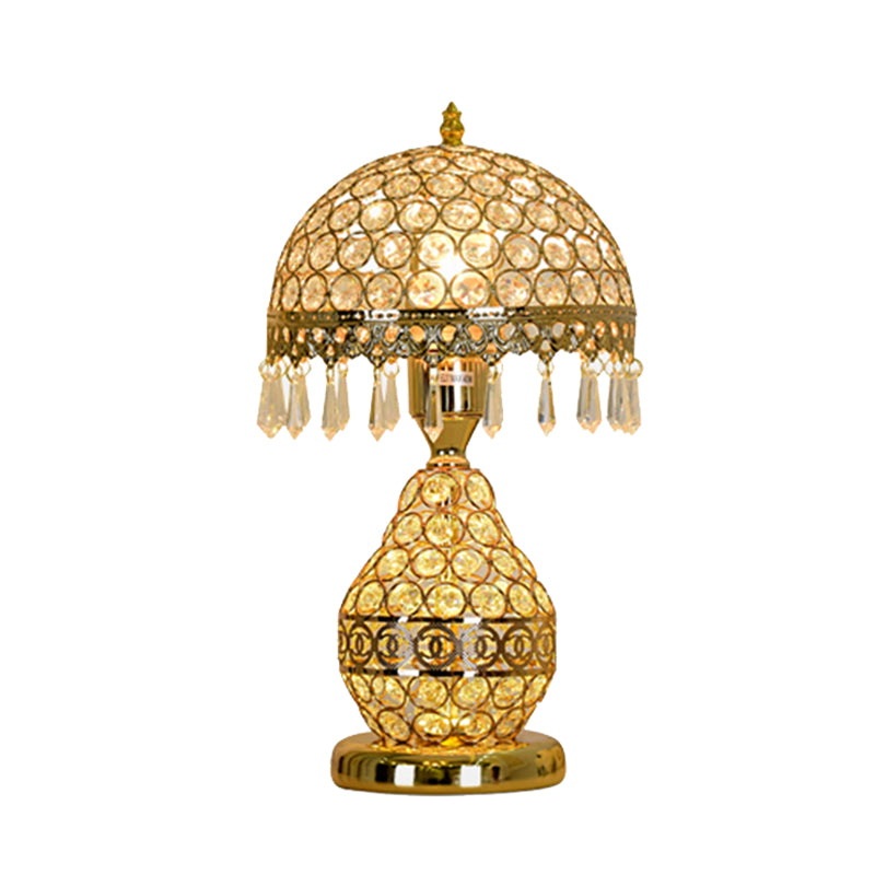 Gold Single-Bulb Table Lighting Vintage Crystal Embedded Dome Shade Night Light with Fringe and Urn Base Clearhalo 'Lamps' 'Table Lamps' Lighting' 862632