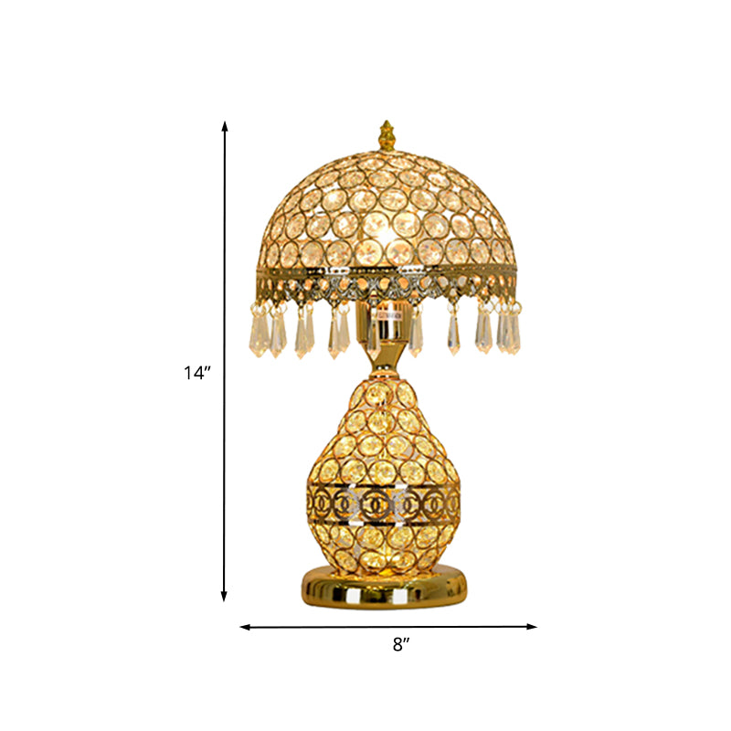 Gold Single-Bulb Table Lighting Vintage Crystal Embedded Dome Shade Night Light with Fringe and Urn Base Clearhalo 'Lamps' 'Table Lamps' Lighting' 862633