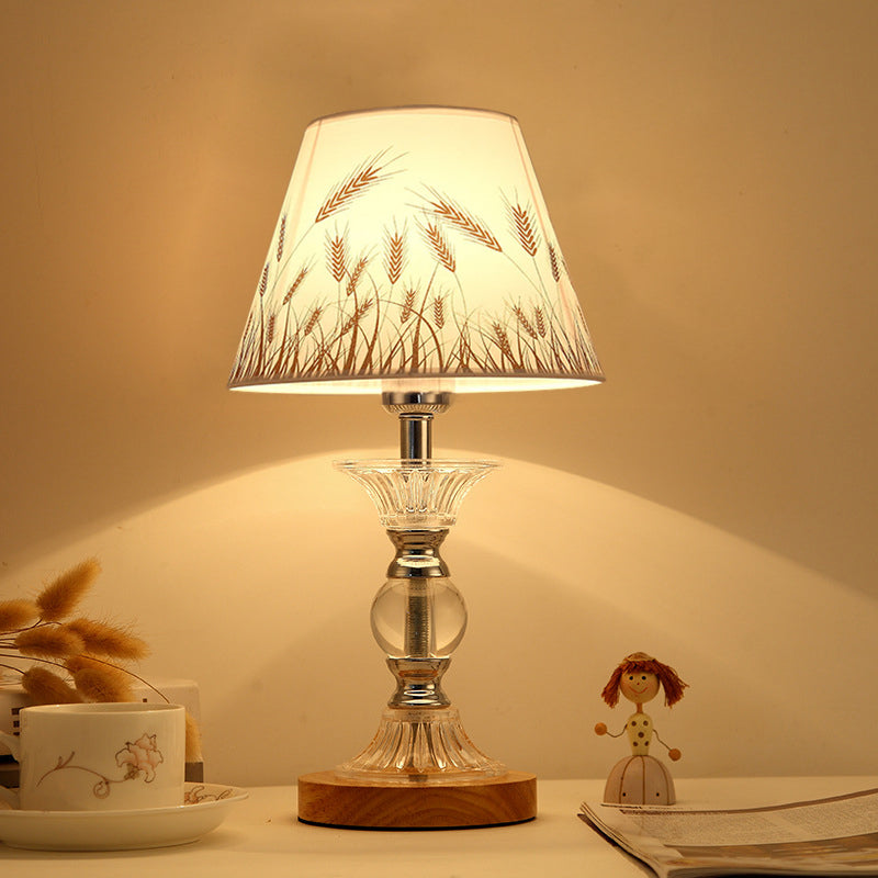 1-Bulb Spikelet Pattern Conic Table Lamp Countryside White Fabric Night Light with Chrome Column Base Chrome Clearhalo 'Lamps' 'Table Lamps' Lighting' 862670