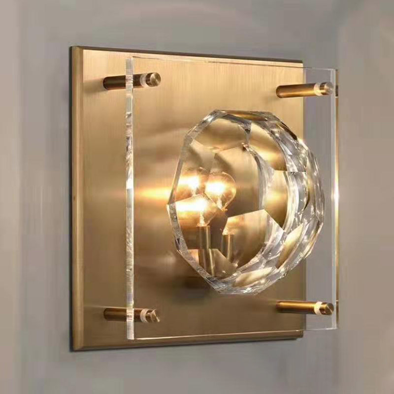 Faceted Crystal Bowl Shade Wall Lamp Mid Century 1 Light Parlor Sconce with Square Backplate in Bronze Clearhalo 'Modern wall lights' 'Modern' 'Wall Lamps & Sconces' 'Wall Lights' Lighting' 862688