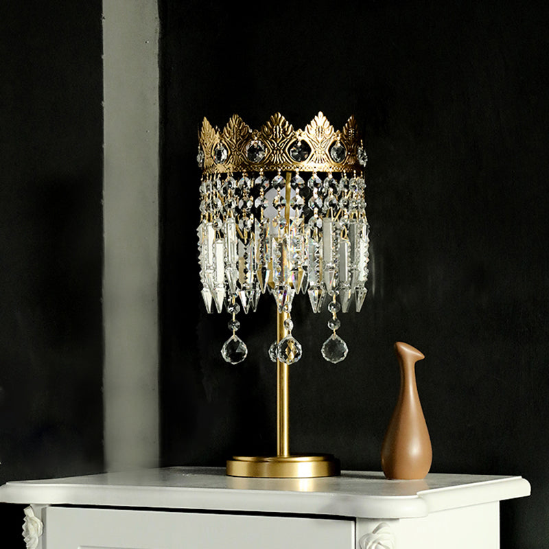 Brass 1 Bulb Nightstand Light Antique Crystal Fringe Table Lighting with Carved Crown Top Clearhalo 'Lamps' 'Table Lamps' Lighting' 862703