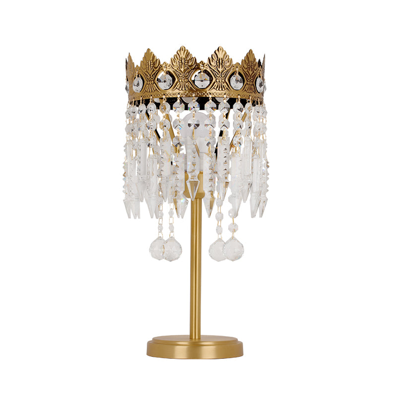 Brass 1 Bulb Nightstand Light Antique Crystal Fringe Table Lighting with Carved Crown Top Clearhalo 'Lamps' 'Table Lamps' Lighting' 862704