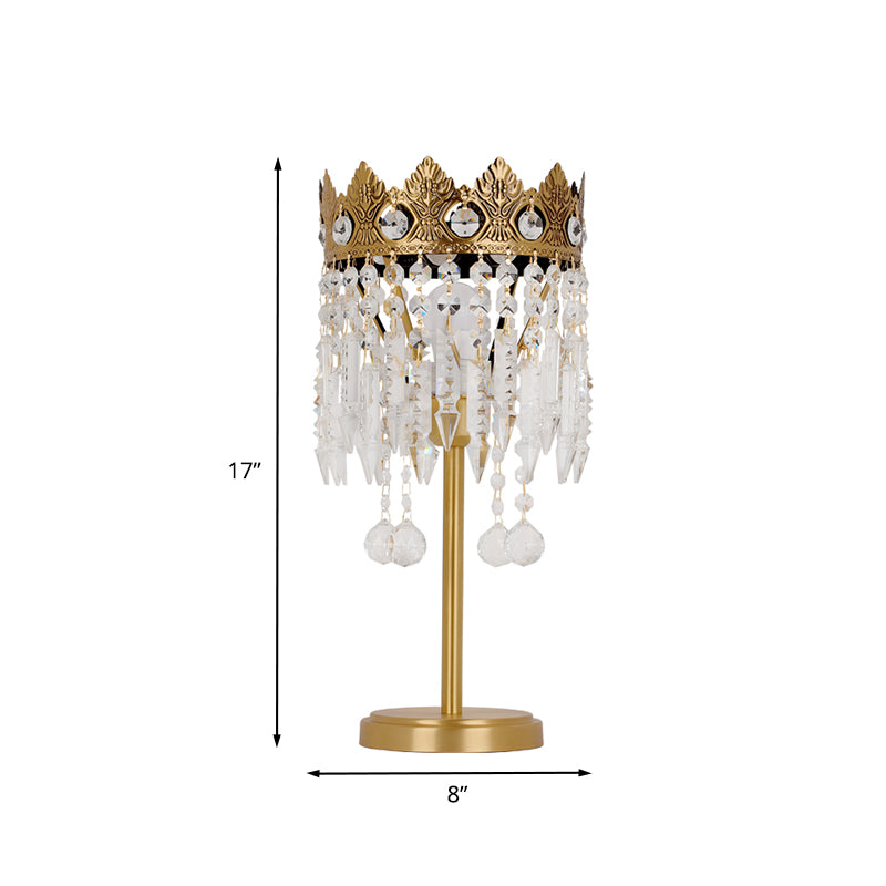 Brass 1 Bulb Nightstand Light Antique Crystal Fringe Table Lighting with Carved Crown Top Clearhalo 'Lamps' 'Table Lamps' Lighting' 862705