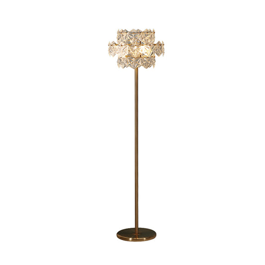 Tiered Hexagon Crystal Stand Up Lamp Mid Century 1-Light Sitting Room Floor Lighting in Gold Clearhalo 'Floor Lamps' 'Lamps' Lighting' 862712
