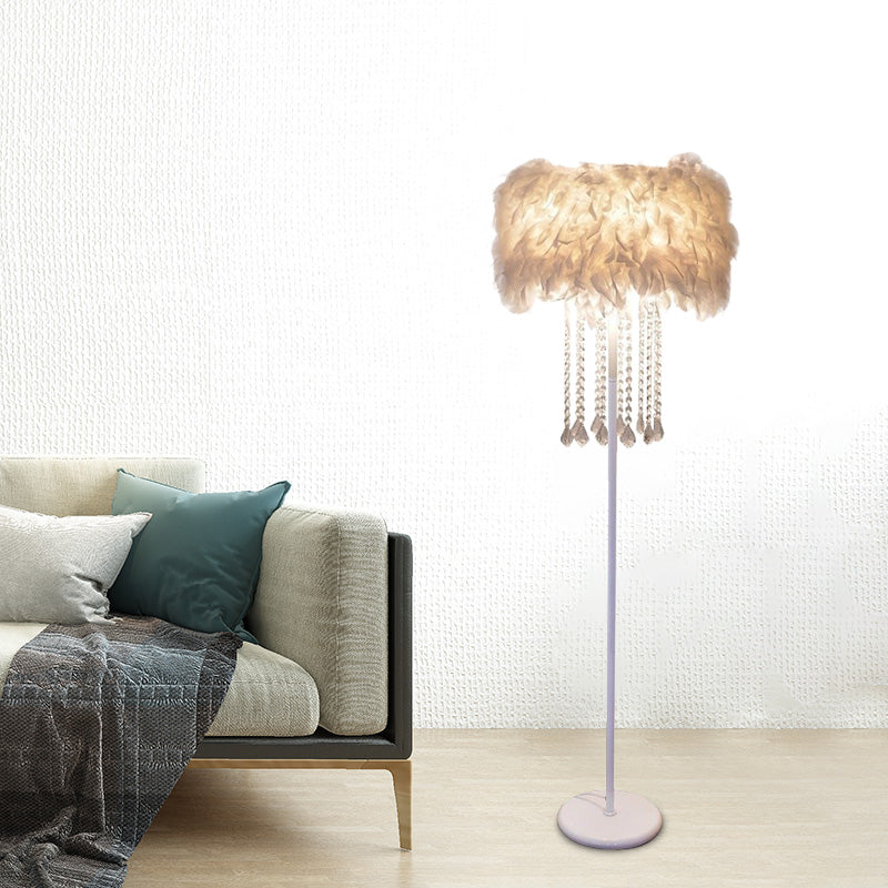 Feather White Standing Light Fluffy Drum 1 Head Modernist Floor Lamp with Crystal Drapes White Clearhalo 'Floor Lamps' 'Lamps' Lighting' 862718