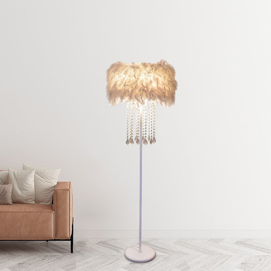 Feather White Standing Light Fluffy Drum 1 Head Modernist Floor Lamp with Crystal Drapes Clearhalo 'Floor Lamps' 'Lamps' Lighting' 862719