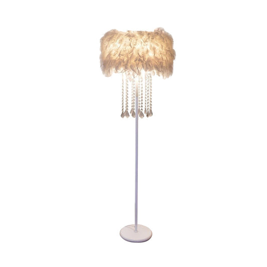 Feather White Standing Light Fluffy Drum 1 Head Modernist Floor Lamp with Crystal Drapes Clearhalo 'Floor Lamps' 'Lamps' Lighting' 862720